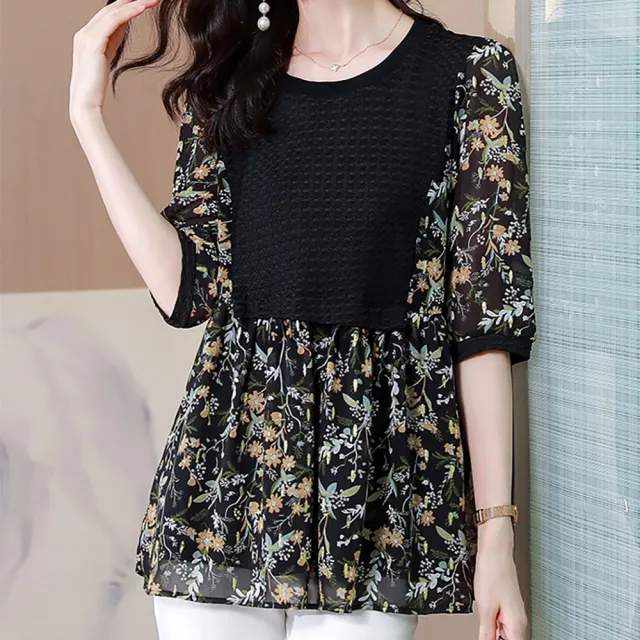 【麗質達人】8349黑色碎花假二件上衣-AA(M-4XL)
