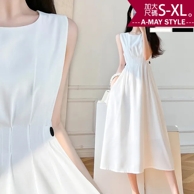 【Amay Style 艾美時尚】中大尺碼女裝 連身洋裝 優雅赫本風無袖洋裝。S-XL(2色.預購)