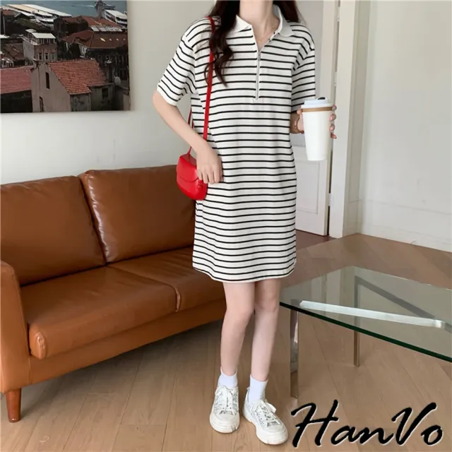 【HanVo】現貨 歐蕾質感翻領拉鍊條紋休閒洋裝(韓版時髦日常休閒顯瘦連衣裙 韓系女裝 女生衣著 A06-3630)