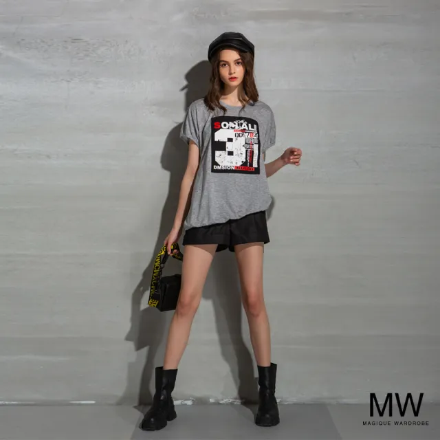 【MAGIQUE WARDROBE】圓領印花不對稱繫帶上衣(淺灰)