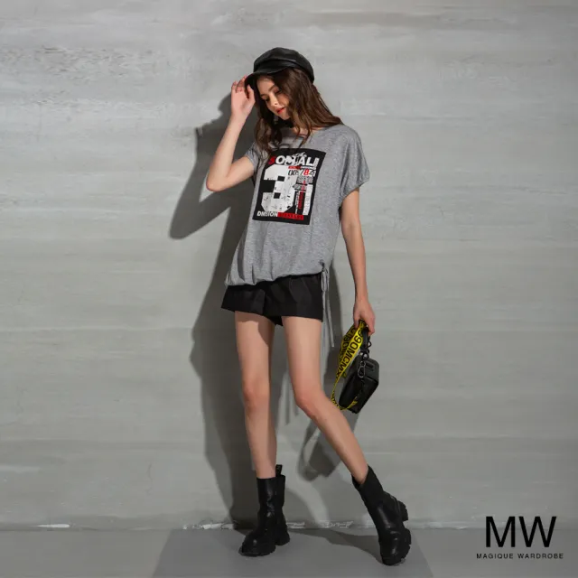 【MAGIQUE WARDROBE】圓領印花不對稱繫帶上衣(淺灰)