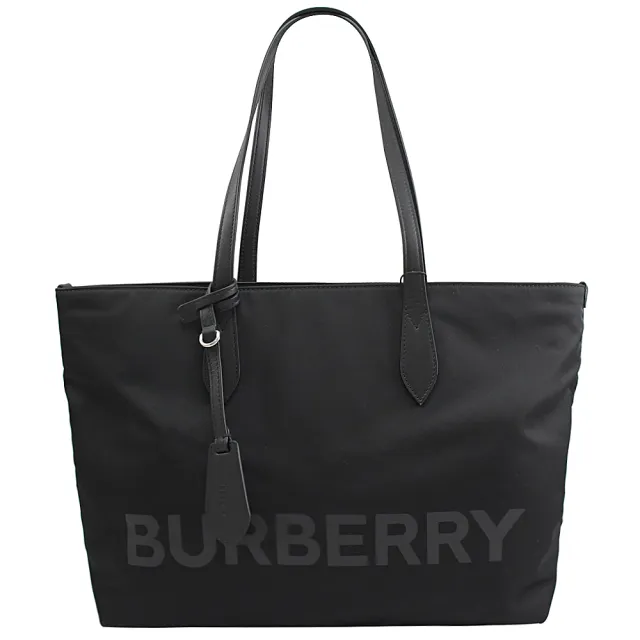【BURBERRY 巴寶莉】簡約燙印LOGO皮革吊飾尼龍肩背包托特包(黑 中)