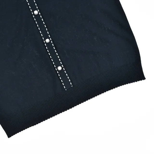 【ILEY 伊蕾】都會麗人撞色織帶拼接翻領針織上衣(深藍色；M-2L；1231405005)