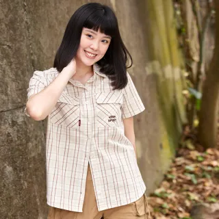 【JEEP】女裝 復古休閒格紋短袖襯衫(卡其)