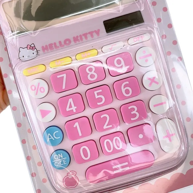 【小禮堂】Hello Kitty 12位元太陽能大按鍵計算機 - 粉點點大頭款(平輸品)