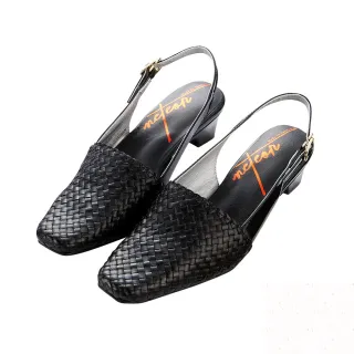 【MMHH】西班牙牛皮編織鞋 - 粗低跟涼拖鞋(黑色、裸色 跟高5cm)