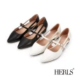 【HERLS】低跟鞋-氣質全真皮尖頭鏤空瑪莉珍低跟鞋(白色)