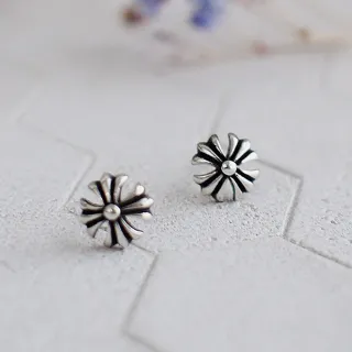 【BLUMA】中性男生耳環 復古十字花純銀耳環(復古個性925純銀泰銀 迷你貼式小耳釘 男生女生