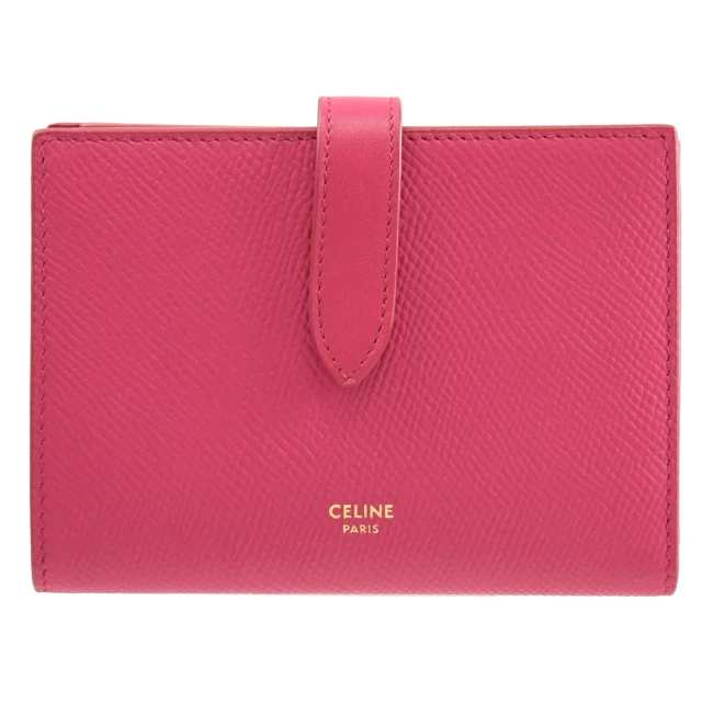 【CELINE】經典品牌燙金防刮皮革扣式寬版零錢中夾(桃紅)