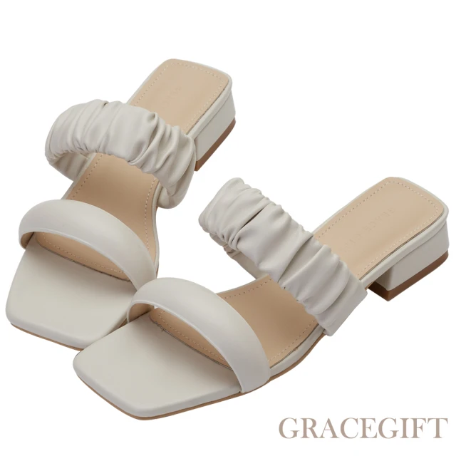 【Grace Gift】雙帶雲朵低跟拖鞋(米白)