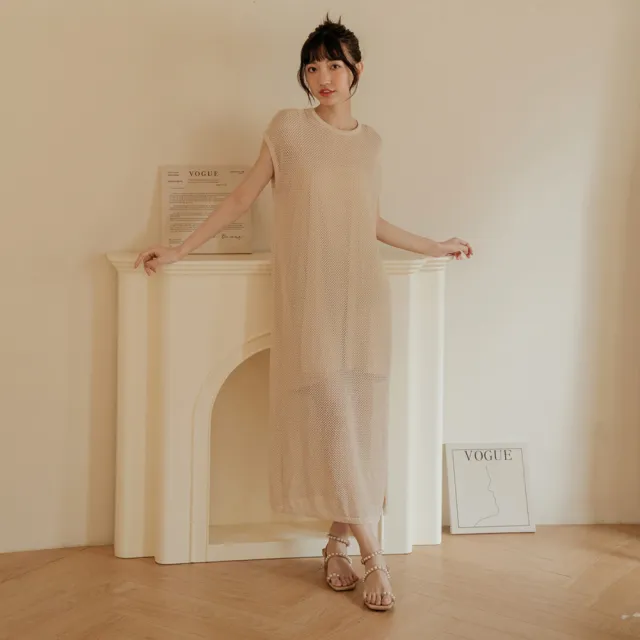 【Grace Gift】薛妞妞聯名-珍珠細帶菱形低跟涼鞋(駝)