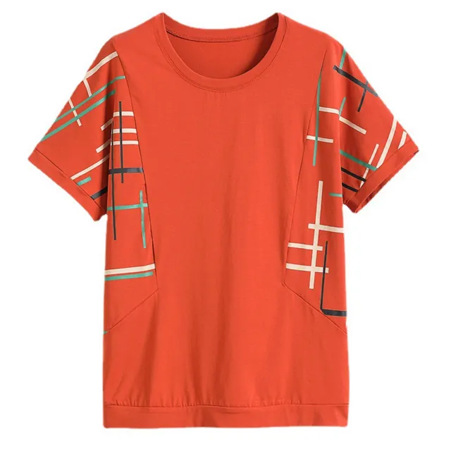 【Paiya 派亞】棉上衣洋氣寬鬆氣質幾何印花小衫圓領短袖T恤(M-4XL)