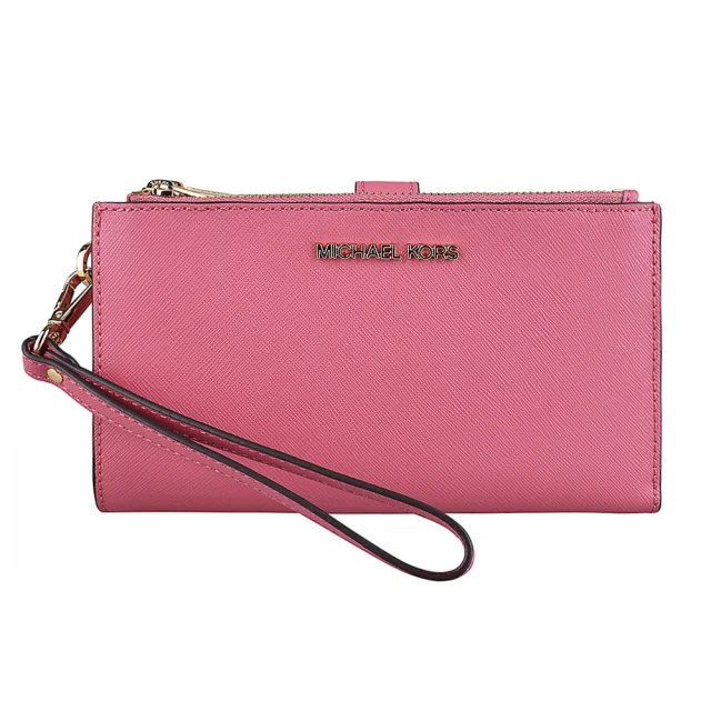 Michael Kors MK MICHAEL KORS WRISTLET金屬LOGO防刮牛皮釦式手拿中夾(桃粉紅)