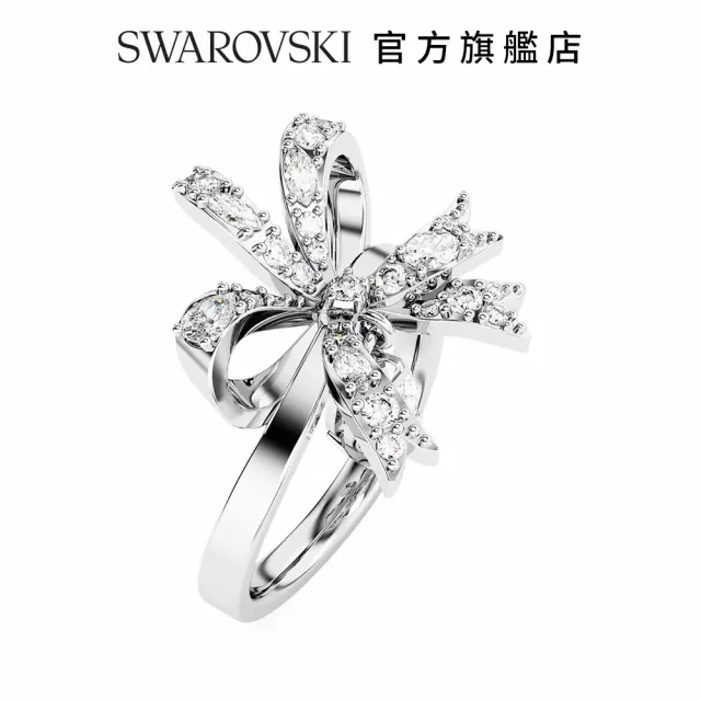 【SWAROVSKI 官方直營】Volta 個性戒指 蝴蝶結 白色 鍍白金色 交換禮物