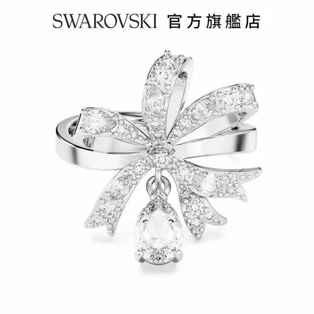 【SWAROVSKI 官方直營】Volta 個性戒指 蝴蝶結 白色 鍍白金色 交換禮物