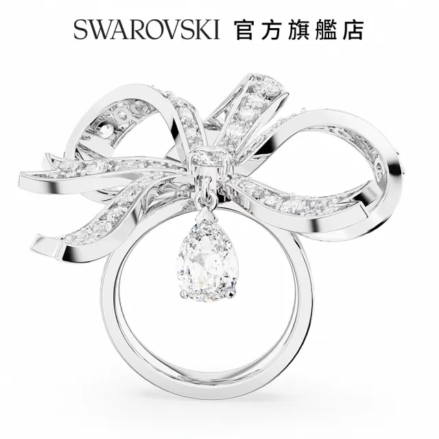 【SWAROVSKI 官方直營】Volta 個性戒指 蝴蝶結 大 白色 鍍白金色 交換禮物