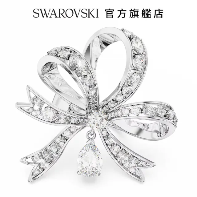 【SWAROVSKI 官方直營】Volta 個性戒指 蝴蝶結 大 白色 鍍白金色 交換禮物