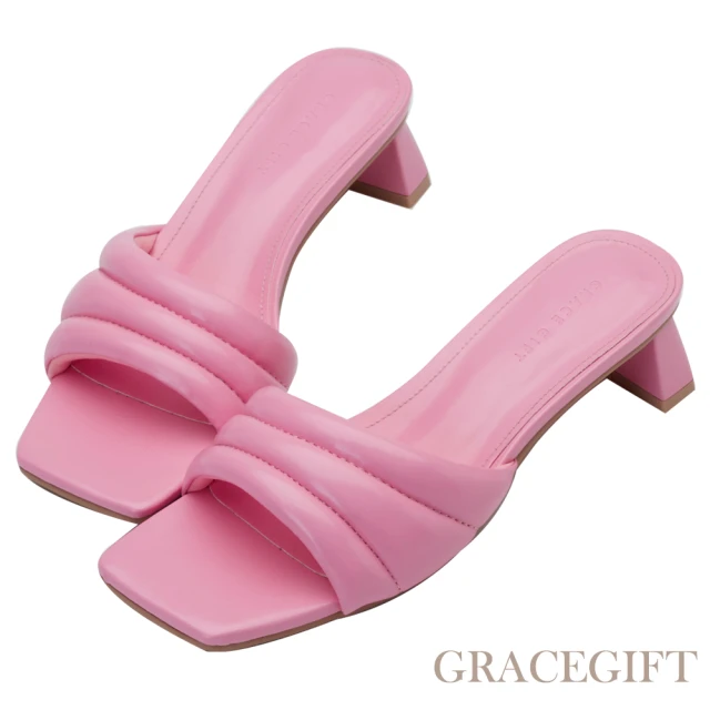 【Grace Gift】甜美雲朵方頭中跟拖鞋(桃紅)