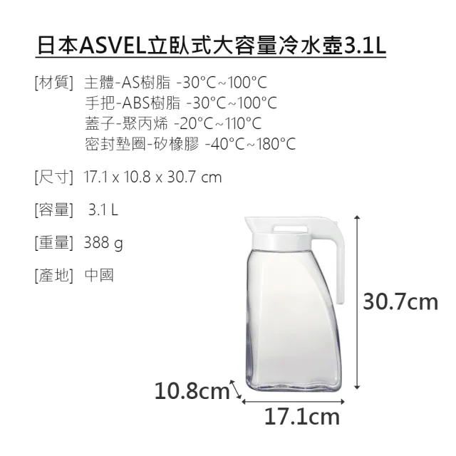 【台隆手創館】日本ASVEL可立臥冷水壺/冷水瓶3.1L