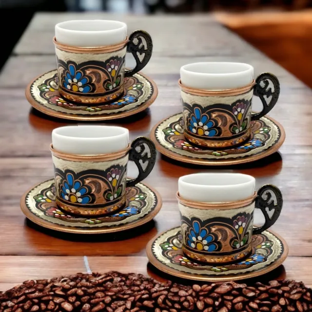【SOLO 歐洲家居】手工銅雕釉彩濃縮咖啡杯盤組4件一組 70ML(免費送一包土耳其領導品牌咖啡粉)