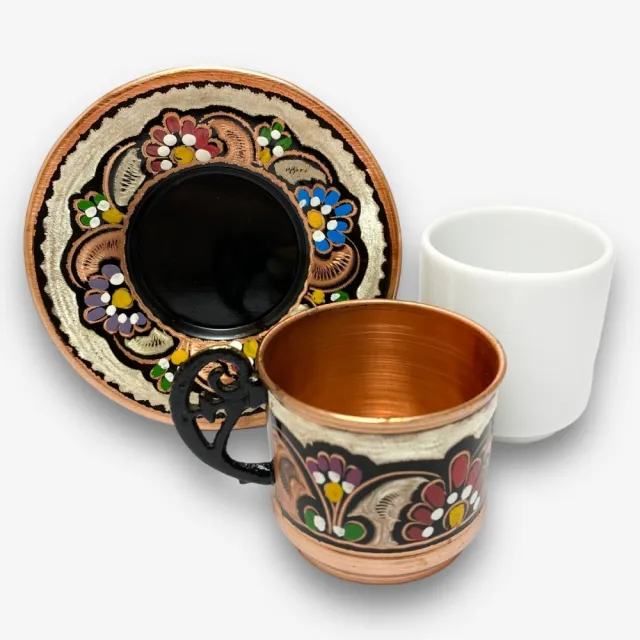 【SOLO 歐洲家居】手工銅雕釉彩濃縮咖啡杯盤組4件一組 70ML(免費送一包土耳其領導品牌咖啡粉)