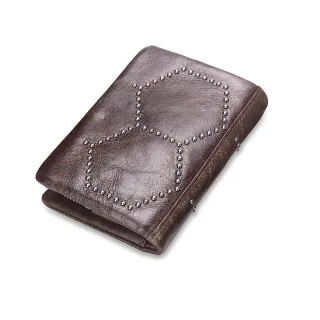 【leaper】CONTACTS頭層油臘皮活動式零錢袋男女鉚釘錢包皮夾(短夾)