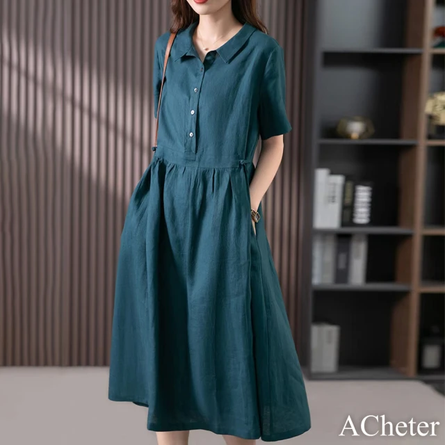 【ACheter】孔雀藍大碼新款連身裙寬鬆襯衫領長版洋裝#117369(藍)