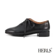 【HERLS】牛津鞋-兩穿緞帶鏤空方頭低跟牛津鞋-附鞋帶(黑色)