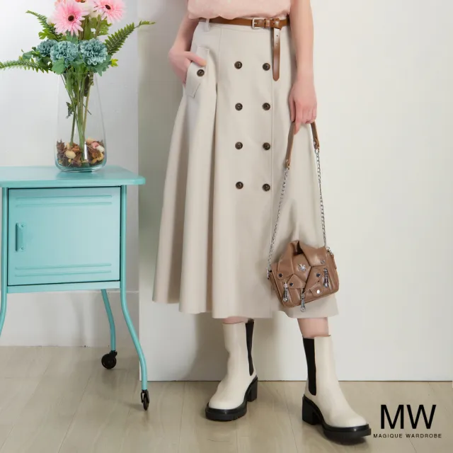 【MAGIQUE WARDROBE】後鬆緊排釦中長裙(2色)（其他規格）
