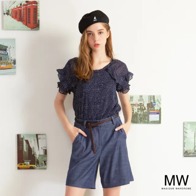 【MAGIQUE WARDROBE】點點荷葉拋袖雪紡上衣(藍白印花)