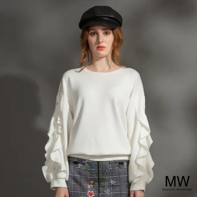 【MAGIQUE WARDROBE】圓領落肩拚接荷葉長袖上衣(2色)