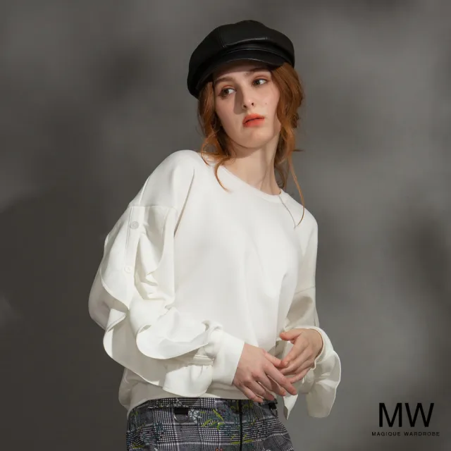 【MAGIQUE WARDROBE】圓領落肩拚接荷葉長袖上衣(2色)