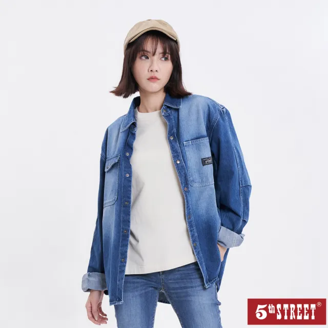 【5th STREET】雙11 中性款牛仔長袖襯衫(中古藍)