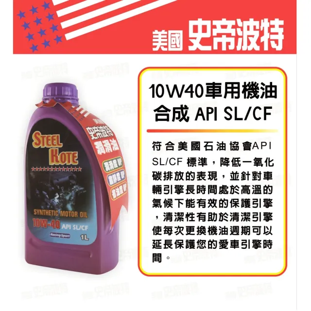 【STEEL KOTE 史帝波特】美國史帝波特10W40合成車用機油超值組合包(機油 車用機油)