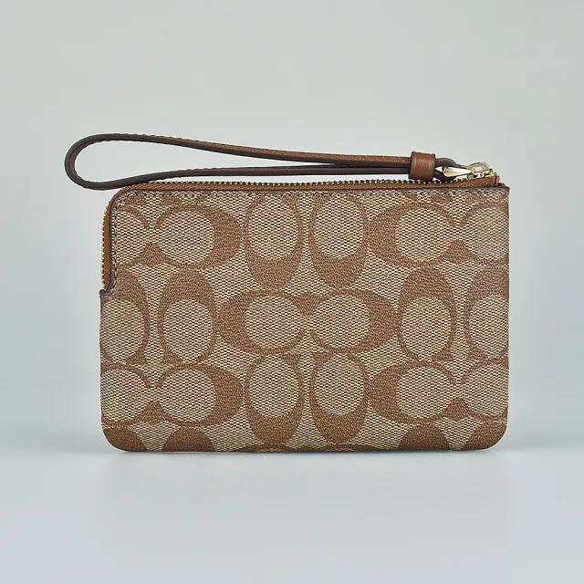 【COACH】COACH☆燙金LOGO老花PVC拼接牛皮拉鍊手拿包(卡其x棕)