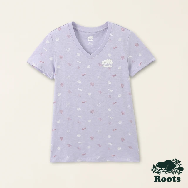 【Roots】Roots女裝-海洋生活家系列 海洋元素有機竹節棉V領短袖T恤(薰衣草紫)