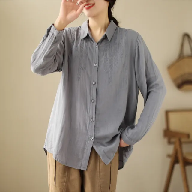 【ACheter】棉麻襯衫長袖麥穗刺繡寬鬆短版上衣#115710(4色)