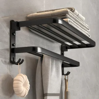 【EchoLife】折疊毛巾置物架-40cm 雙層收納架 廚房衛浴浴室收納 毛巾桿(毛巾架)
