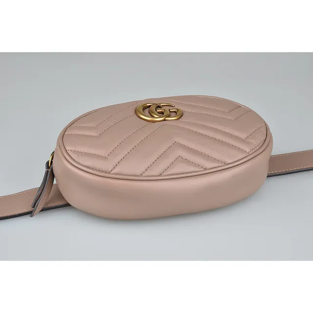 【GUCCI 古馳】GUCCI Marmont復古金屬雙G LOGO愛心車線W字紋牛皮拉鍊胸腰包(小/裸粉)