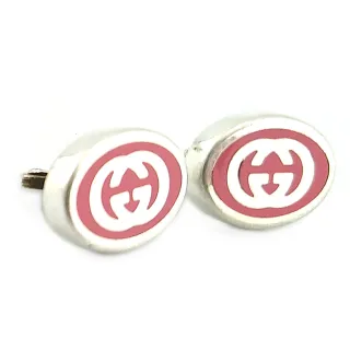 【GUCCI 古馳】台灣現貨-925純銀-Interlocking G粉紅色琺瑯橢圓鉚釘耳環