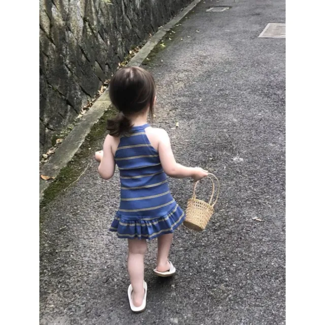 【安朵童舖】現貨韓版女童吊帶背心裙露背裙兒童露肩條紋連身裙(17)