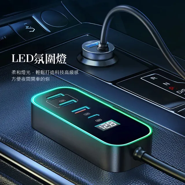 107W 5孔PD快充+QC 車用數顯充電器 車充 車載點菸器 1.5M