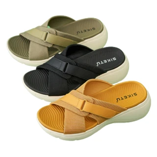 【Taroko】交叉純色彈性布夏季坡跟拖鞋(3色可選)
