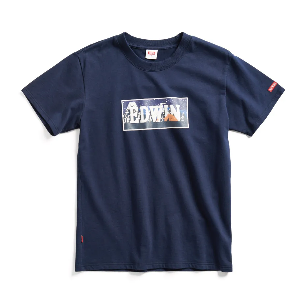 【EDWIN】男裝 露營系列 富士山腳營地LOGO印花短袖T恤(丈青色)