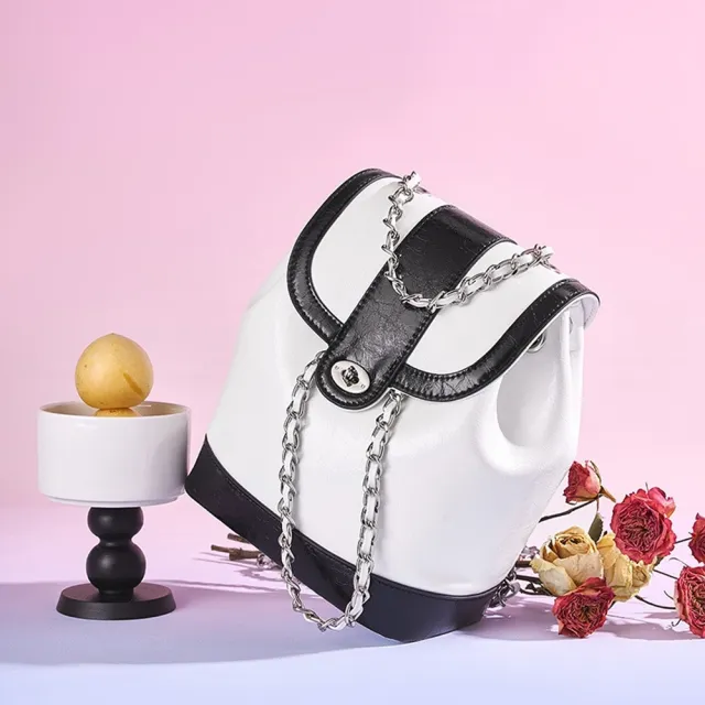【米蘭精品】現貨+預購 真牛皮後背包側背包真皮革雙肩包托特包隨身女包包(牛皮小香風鍊條手提4色74ed56)