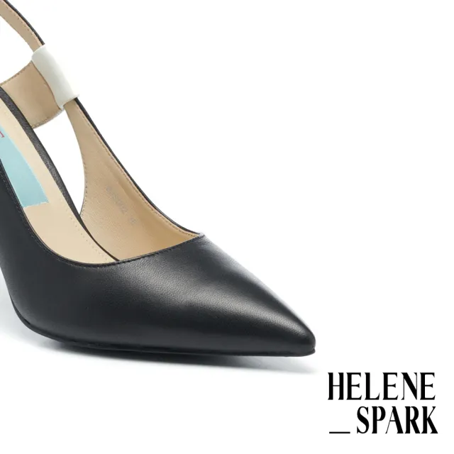 【HELENE_SPARK】時尚美學撞色寬帶全真皮尖頭美型高跟鞋(黑)