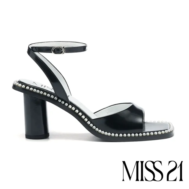 【MISS 21】跩甜小氣質珍珠光感全真皮大方頭高跟涼鞋(黑)