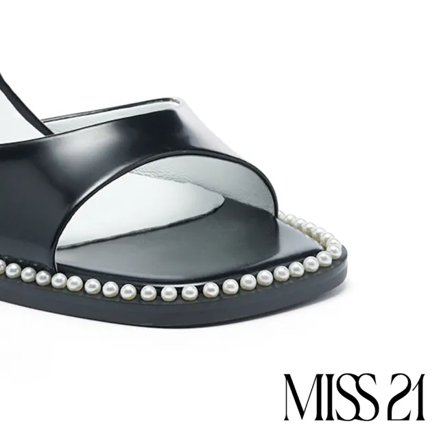 【MISS 21】跩甜小氣質珍珠光感全真皮大方頭高跟涼鞋(黑)