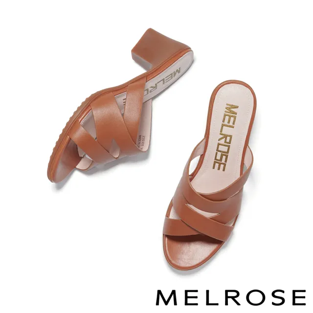 【MELROSE】美樂斯 俐落簡約交叉條帶真皮高跟拖鞋(棕)