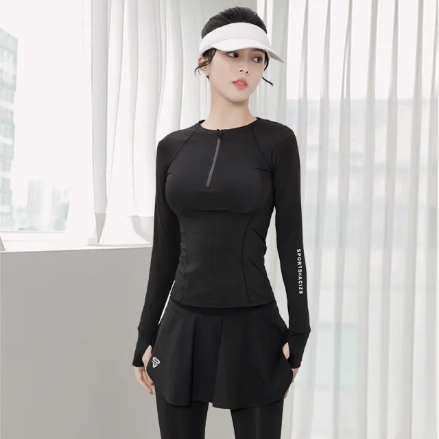 【BODYAIR】拉鍊領小腰背紗長袖上衣+假兩件一片裙九分褲組(瑜珈.運動.慢跑.透氣.舞蹈.運動服.運動褲)